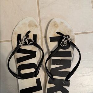 Victoria’s Secret PINK Black and White Flip Flops with Star& Heart Accents